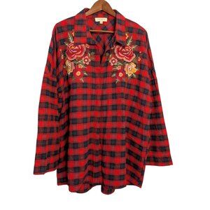 Umgee Womens 2XL Red Black Plaid Button-Down Shirt Floral Embroidery Long Sleeve